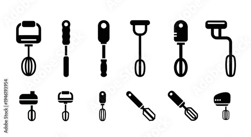 Vector Icon Assortment of Diverse Manual and Electric Kitchen Mixers and Whisks, Ideal for Cooking, Baking, and Food-Related Design Projects