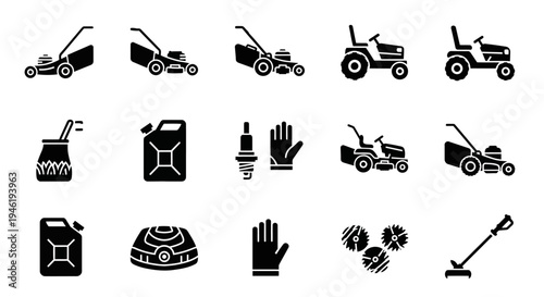 Essential black solid icons for comprehensive lawn care and garden maintenance, featuring various mowers, trimmers, fuel cans, and protective gear for outdoor yard work