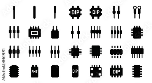 Comprehensive set of electronic component icons, featuring integrated circuits, DIP, SMT packages, and connectors, ideal for electrical engineering and technology projects