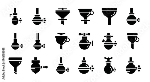 Comprehensive collection of diverse liquid handling equipment and scientific instruments, featuring various funnel designs, laboratory glassware, and flow control devices