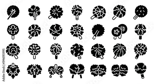 Diverse collection of dynamic pom-pom icons, perfect for enhancing sports event promotions, cheerleading visuals, and celebration-themed graphic designs, offering a variety of fan support elements