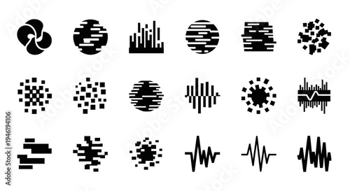 Abstract digital sound wave patterns and graphic elements for technology and data visualization, illustrating dynamic data streams and audio frequencies