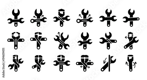 Collection of black and white wrench and spanner icons representing mechanical tools, repair services, and engineering concepts for various design applications