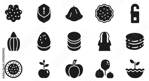 Diverse black and white vector icons, featuring common objects like food, plants, business elements, and household items, perfect for digital design and user interface projects
