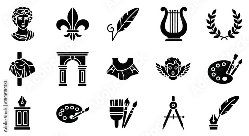 Elegant collection of classical and artistic silhouette icons, representing historical culture, creative pursuits, and traditional design elements for various projects
