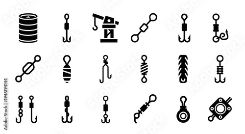 A diverse collection of essential fishing tackle icons including hooks, swivels, lures, and various angling gear elements, perfect for marine sport and outdoor hobby designs