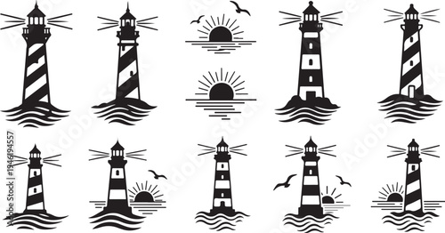 Lighthouse icons set with various designs and elements included