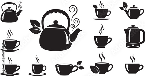 Tea Time Silhouette Icons with Teapots and Cups