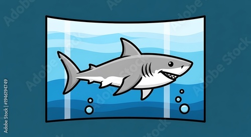 Friendly cartoon shark swimming in blue water aquarium