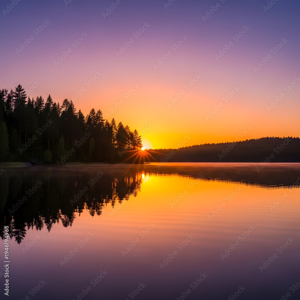 Obraz premium Sunrise over tranquil lake, reflecting vibrant colors of orange, purple sky on calm water. Forest silhouette catches golden light, a picturesque natural scene
