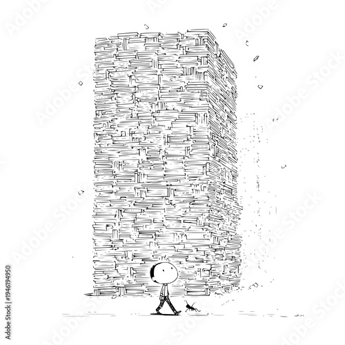Overwhelmed small person dwarfed by immense towering stack of documents or papers symbolizing bureaucracy workload and feeling insignificant against overwhelming tasks in a stark