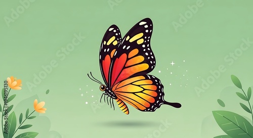 Vibrant butterfly with flowers on green background illustration