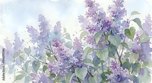 Watercolor lilac flowers with green leaves in soft purple and lavender tones, spring botanical artwork for home decor and garden design projects.