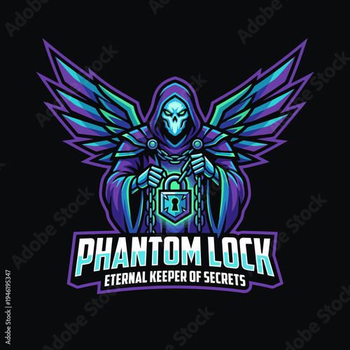 This logo image features a mysterious hooded figure with wings guarding a lock, encapsulating themes of secrecy and protection, suitable for brands related to security.