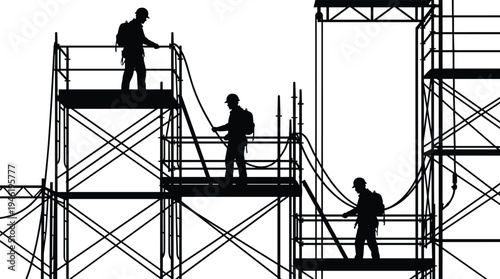 Construction worker silhouettes spraying paint on scaffolding, industrial maintenance and renovation concept isolated on white background illustration