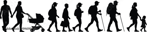 Family life cycle silhouette showing human journey from baby stroller to adulthood hiking and parenthood concept illustration
