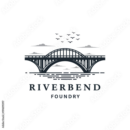 Vintage Arch Bridge Over River with Birds and Clouds Logo Design.