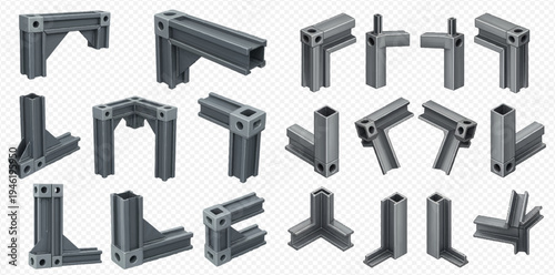 Set of various aluminum profile connectors and parts for industrial construction and assembly.