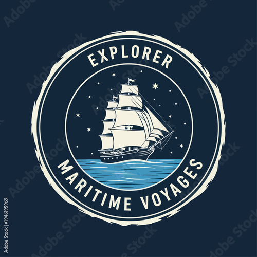 Vintage Explorer Maritime Voyages Sailing Ship Emblem.