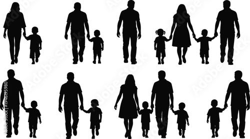 Family walking silhouette collection, parents holding children hands, mother father with kids together, happy family parenting lifestyle concept
