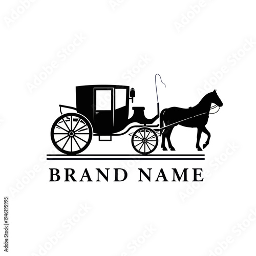 Vintage Horse Drawn Carriage with Brand Name Text.