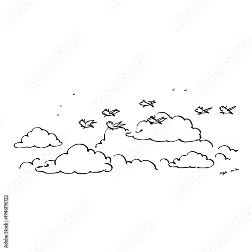 Whimsical hand drawn sketch of birds in flight amidst fluffy cartoonish clouds against a clean white background evoking a sense of freedom lightness and simple artistic expression