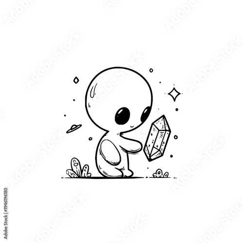 Adorable little alien character with large eyes and a smooth round head curiously interacting with a faceted geometric crystal set against a minimalist white background