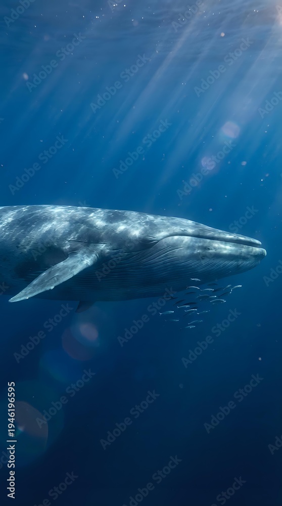 Fototapeta premium Majestic humpback whale swimming gracefully through deep blue ocean waters with sunlight rays filtering down from surface creating magical underwater scene.