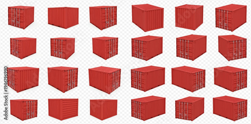 Set of multiple red cargo containers in various angles on a transparent background, perfect for logistics and shipping concepts.