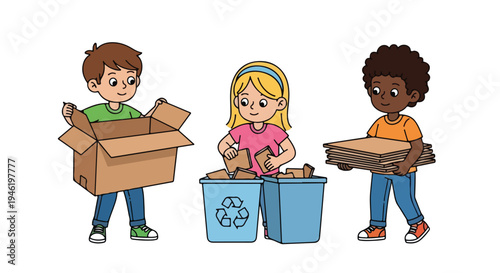 Three diverse children happily sort and carry cardboard for recycling, demonstrating eco-friendly habits and environmental responsibility.