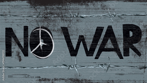 NO WAR hand painted calligraphy and barbed wire with ink stains from copy machine defect printing on old paper background