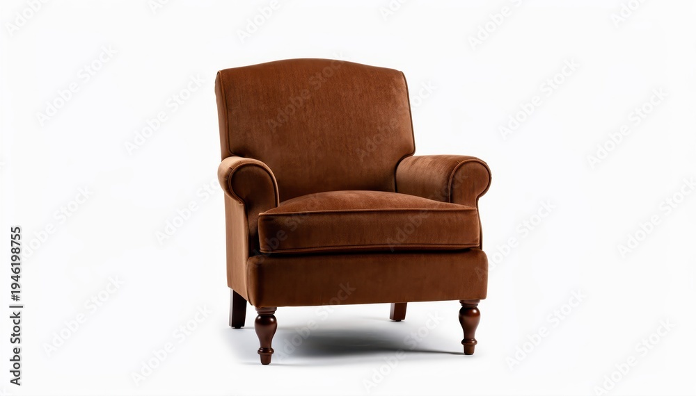 Fototapeta premium Classic Brown Armchair: A comfortable and inviting brown armchair with soft cushions, curved armrests, and elegant wooden legs. Perfect for relaxation and adding a touch of classic style to any room.