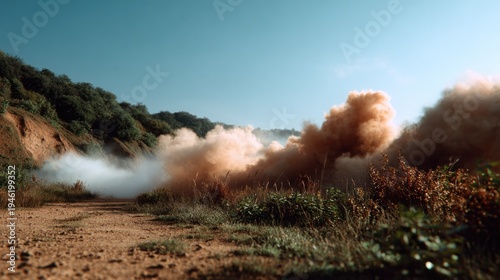Dusty Trail: A vehicle's journey on a rugged, dusty trail kicking up clouds of dust against a backdrop of rolling hills and blue sky, a visual narrative of adventure and exploration.