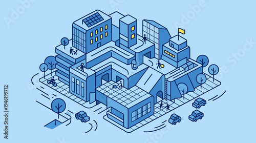 Isometric Smart City with Modern Buildings and Sustainable Infrastructure.