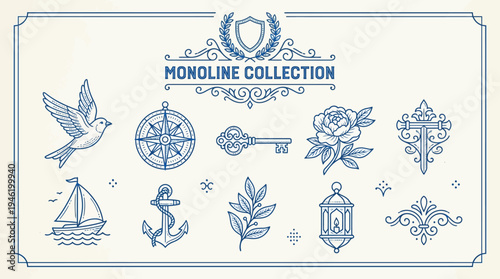 Monoline Collection of Vintage Nautical and Nature-Inspired Emblems.