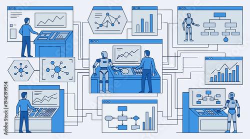 People and robots interacting with data analysis and artificial intelligence systems.