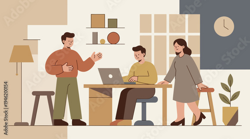 Three colleagues collaborating and discussing work in a modern office setting.