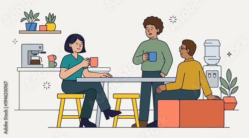 Three colleagues enjoying a coffee break and conversation in the office pantry.