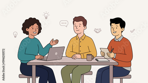 Three diverse colleagues collaborating at a table with a laptop.