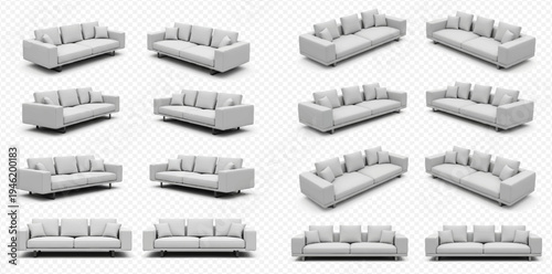 Set of modern white sofas with cushions, isolated on a transparent background, rendered in 3D from various angles.
