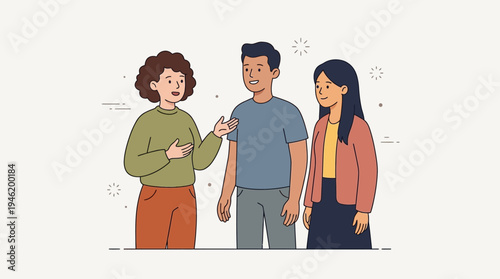 Three diverse friends engaged in a lively conversation outdoors.