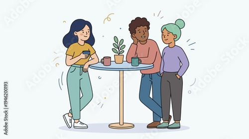 Three diverse young adults socializing around a table with drinks and a plant.