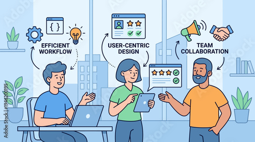 Three diverse professionals discussing efficient workflow, user-centric design, and team collaboration.