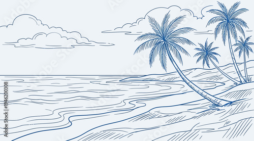 Tropical Beach Scene with Palm Trees and Ocean Waves.
