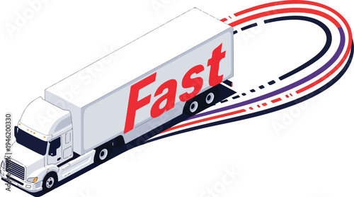Clean White 3D Semi-Truck with Fast Motion Line Isometric Vector