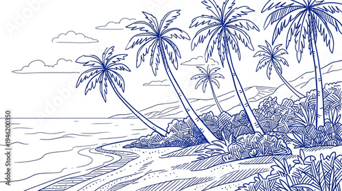 Tropical Beach with Palm Trees and Ocean Waves Hand Drawn Illustration.