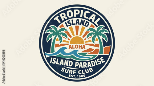 Tropical Island Paradise Surf Club Logo Design with Palm Trees and Sunset.