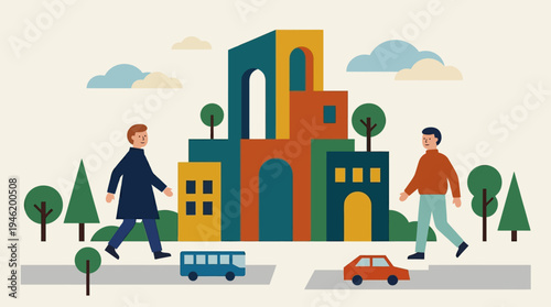 Two men walking in a vibrant, colorful city with unique architectural buildings and trees.