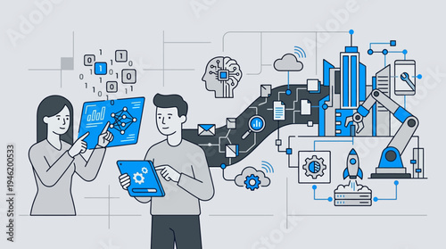 Two people interacting with futuristic technology and data visualization.