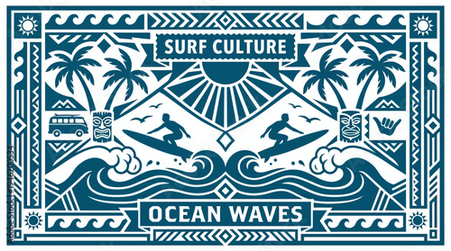 Two surfers riding ocean waves with palm trees and sun in the background.